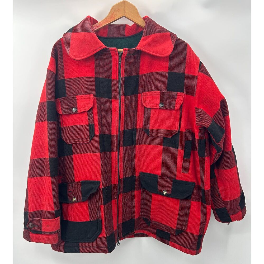 Vintage 60s Woolrich Mackinaw Buffalo Plaid Wool Jacket Sz 44 Hunting Distressed